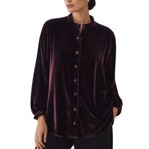 Eileen Fisher Velvet Blouse M Burgundy Mandarin Collar Silk Blend Top Lagenlook